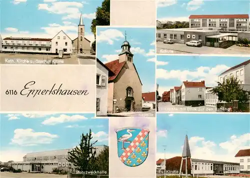 AK / Ansichtskarte 73886987 Eppertshausen Kath Kirche Gasthof Krone Kapelle Schule Volksbank mit Bahnhof Mehrzweckhalle Ev Kirche Eppertshausen