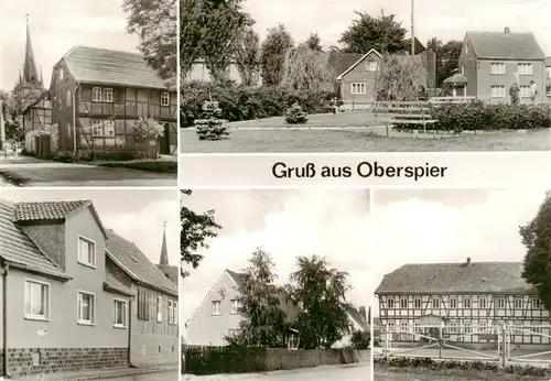 AK / Ansichtskarte 73888513 Oberspier_Sondershausen_Thueringen Kirchstrasse mit Kirche Anlage Bushaltestelle Beim Anger Hauptstrasse Gasthaus 