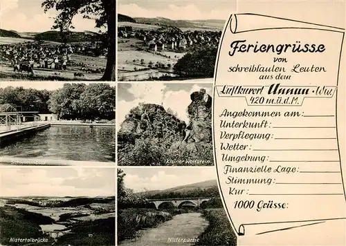 AK / Ansichtskarte 73895818 Unnau_Westerwald Panorama Schwimmbad Nistertalbruecke Kleiner Wolfstein Nisterpartie Unnau_Westerwald