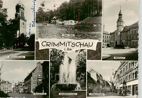 AK / Ansichtskarte 73895952 Crimmitschau Johanniskirche Sahn Bad Rathaus Stadtmitte Kinderbrunnen Silberstrasse Crimmitschau