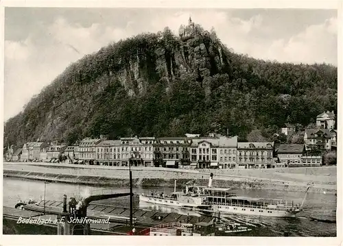 AK / Ansichtskarte 73899297 Bodenbach__Elbe-Tetschen_Boehmen_Ustecky_Kraj_CZ Blick ueber die Elbe zur Schaeferwand Elbsandsteingebirge Fahrgastschiff 