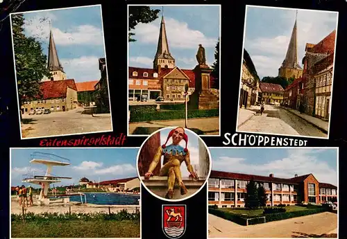 AK / Ansichtskarte 73901102 Schoeppenstedt Kirche Dorfpartien Eulenspiegeldenkmal Freibad Schule Schoeppenstedt