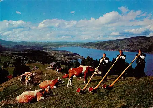 AK / Ansichtskarte  Aeschiried_BE Alphorntrio Morgebaerg auf Aeschi-Allmend mit Thunersee 