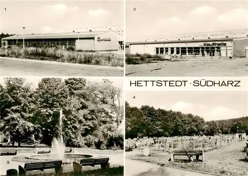 AK / Ansichtskarte 73907523 Hettstedt Sporthalle HO Kaufhalle Wasserspiel im Stadtpark Schwimmbad