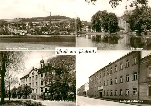 AK / Ansichtskarte 73910485 Pulsnitz_Sachsen Blick vom Eierberg Schlossteich Ernst Rietschel Schule Betriebsberufsschule