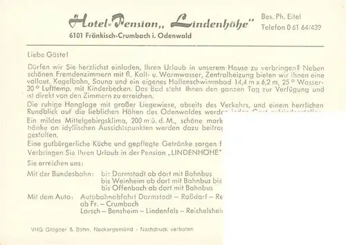 AK / Ansichtskarte 73919508 Fraenkisch-Crumbach Hotel Lindenhoehe Pension Hallenbad Gastraum