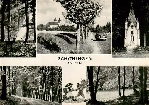 AK / Ansichtskarte 73920105 Schoeningen Hirsch im Elm St Lorenzkirhe Tetzelstein Elm Chaussee Im Elm