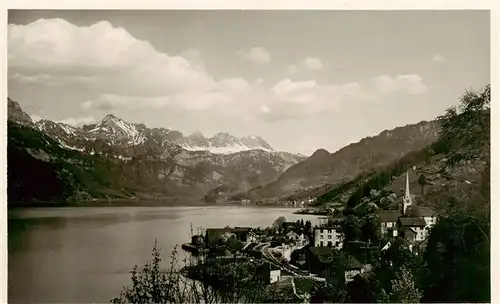 AK / Ansichtskarte  Muehlehorn_Walensee_GL Ansicht mit Kirche Alpenpanorama