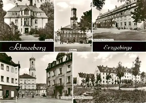 AK / Ansichtskarte 73924104 Schneeberg__Erzgebirge Stadtbad Rathaus Bergarbeiter Krankenhaus Stadtinneres Siedlung des Friedens