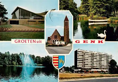 AK / Ansichtskarte 73924402 Genk Halle Kirche Schwanenteich Fontaene Hotel