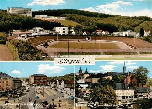 AK / Ansichtskarte 73924576 Siegen__Westfalen Leimbach Stadion mit neuem Jung Stilling Krankenhaus Hauptbahnhof und Vorplatz Martinikirche Unteres Schloss und Siegbruecke