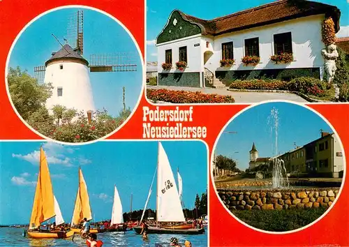 AK / Ansichtskarte 73925473 Podersdorf_Neusiedler_See_AT Windmuehle Barockgiebelhaus Badestrand Ortsmotiv mit Kirche