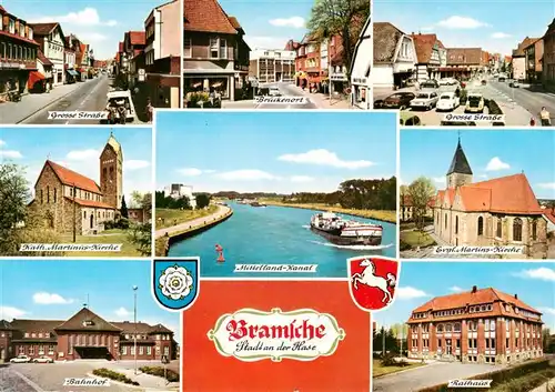 AK / Ansichtskarte 73925957 Bramsche_Hase Grosse Strasse Katz Martinus Kirche Brueckenort Ev Martins Kirche Bahnhof Rathaus Mittelland Kanal