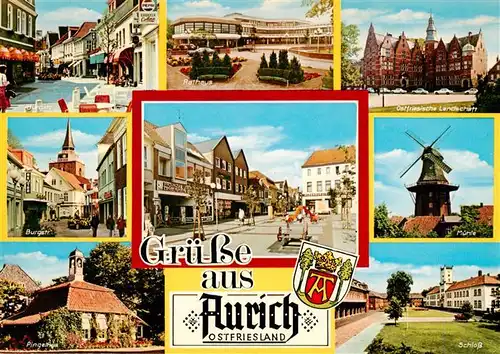 AK / Ansichtskarte 73929637 Aurich_Ostfriesland Burgstrasse Rathaus Schloss Muehle Pingelhus Ortspartie Schloss