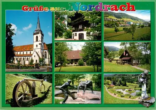 AK / Ansichtskarte 73930489 Nordrach Panorama Luftkurort im Schwarzwald Kirche Denkmal Muehle Plastik Statue Wasserrad