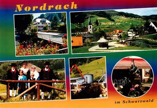 AK / Ansichtskarte 73930491 Nordrach Panorama Luftkurort im Schwarzwald Trachten Saegewerk Bruecke Brunnen