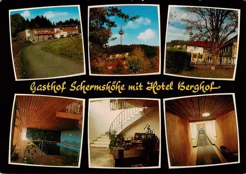 AK / Ansichtskarte 73932334 Schermshoehe Gasthof Schermshoehe mit Hotel Berghof Gastraum Treppe Kegelbahn Fernsehturm