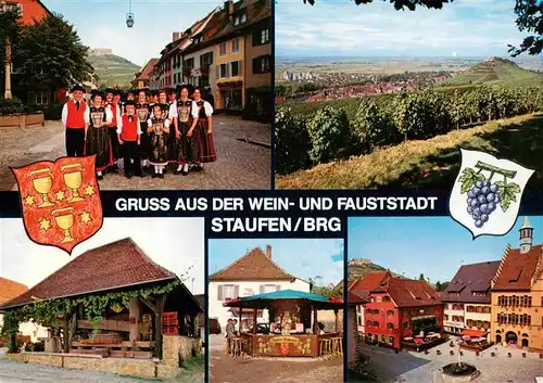 AK / Ansichtskarte 73934857 Staufen__Breisgau Trachtengruppe Panorama Weinbrunnen Marktplatz