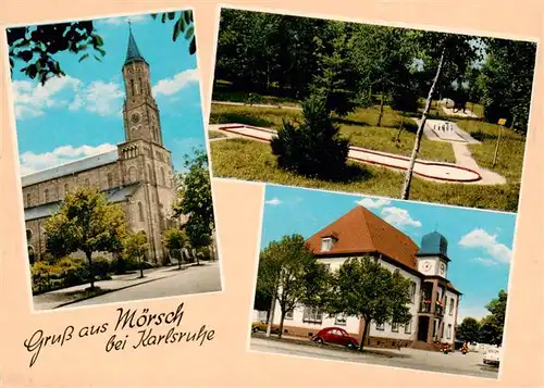 AK / Ansichtskarte 73938214 Moersch_Rheinstetten_Karlsruhe Kirche Minigolf Rathaus