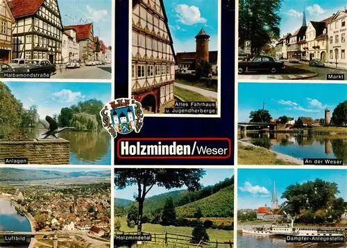 AK / Ansichtskarte 73944327 Holzminden_Weser_Niedersachsen Halbemondstrasse Altes Faehrhaus Jugendherberge Markt Anlagen Weser Luftbild Holzmindetal Dampfer Anlegestelle