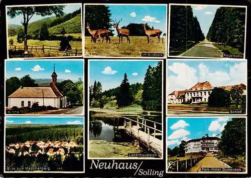 AK / Ansichtskarte 73944350 Neuhaus_Solling Landschaftspanorama Wildpark Kegelbahn Waldpartie Kirche Maedchenberg Lakenhausteich Schloss Parkhotel Duesterdiek