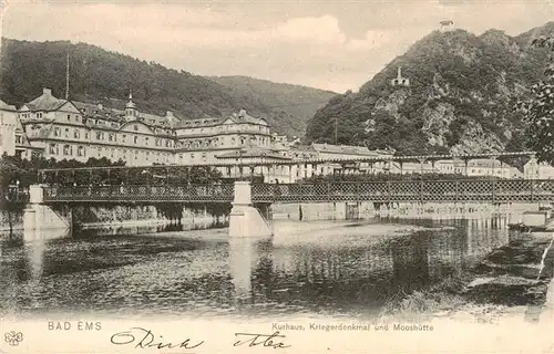 AK / Ansichtskarte 73948844 Bad_Ems_Lahn Kurhaus Kriegerdenkmal und Mooshuette