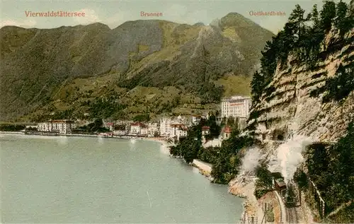 AK / Ansichtskarte  Vierwaldstaettersee_Vierwaldstaedtersee_SZ mit Brunnen und Gotthardbahn