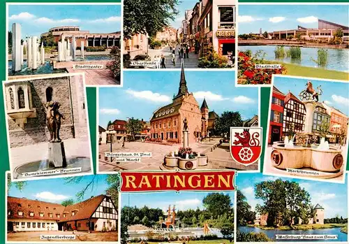 AK / Ansichtskarte 73956294 Ratingen Stadttheater Oberstrasse Stadthalle Dumeklemmer Brunnen Jugendherberge Buergerhaus St Paul Markt Marktbrunnen Schwimmbad Waserburg Haus zum Haus