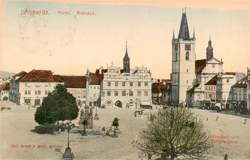 AK / Ansichtskarte 73958297 Leitmeritz_Litomerice_CZ Marktplatz Rathaus Denkmal Handkolorierte Kuenstlerkarte