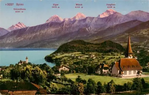 AK / Ansichtskarte  SPIEZ_Thunersee_BE mit Kirche Schloss Schreckhorn Eiger Moench und Jungfrau