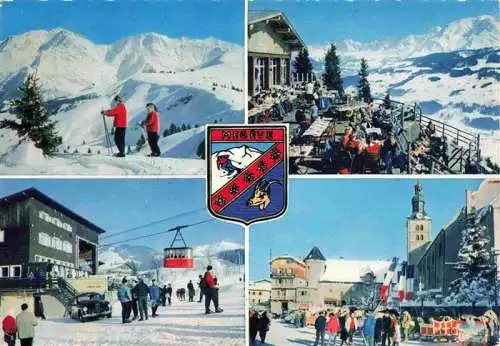 AK / Ansichtskarte  Megeve_74_Haute-Savoie Panorama Chaîne du Mont Blanc Terrasse du Jaillet Téléphérique de Rochebrune Place de l'Eglise