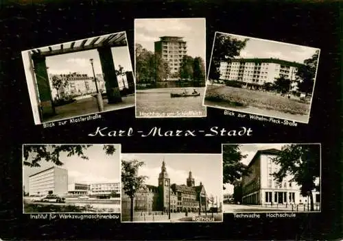 AK / Ansichtskarte 73962438 Karl-Marx-Stadt_CHEMNITZ Blick zur Kieslerstrasse Hochhaus am Schlossteich Wilh Pieck Strasse Insitut fuer Werkzeugmaschinenbau Rathaus Techn Hochschule