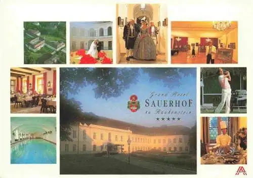 AK / Ansichtskarte 73965968 Baden__Wien_AT Grand Hotel Sauerhof zu Rauhenstein Fliegeraufnahme Gastraeume Hallenbad Golf Fruehstuecksraum