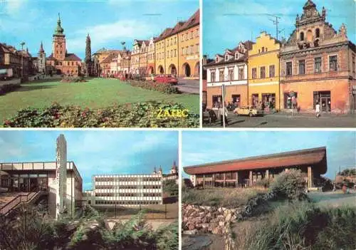 AK / Ansichtskarte 73966192 Zatec_Saaz_CZ Namesti VRSR s radnici Starobyle domy na namesti VRSR Zakladni skola Kulturni dum Moskva