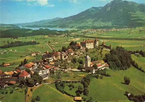 AK / Ansichtskarte  Gruyeres__Gruyere_Greyerz_FR Au fond Broc et lac de Gruyere Vue aerienne