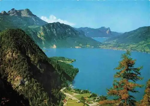 AK / Ansichtskarte 73970391 Attersee Panorama Blick von der Madlschneid Hoellengebirge Weissenbach Unterach Mondsee Schafberg