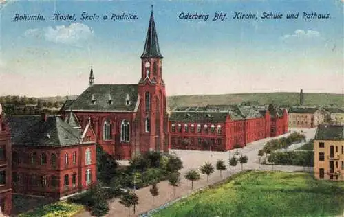 AK / Ansichtskarte 73972462 Oderberg_Bohumin_CZ Bahnhof Kirche Schule und Rathaus