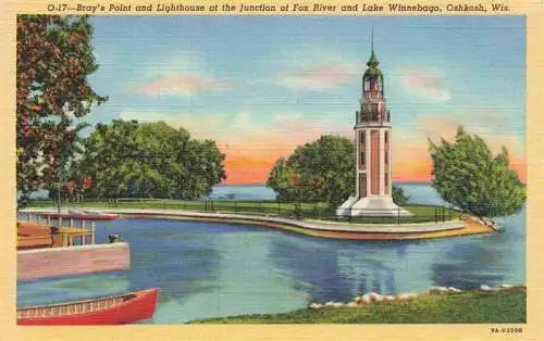 AK / Ansichtskarte 73972903 Oshkosh_Wisconsin_USA Bray's Point and Lighthouse at junction of Fox River and Lake Winnebago Illustration