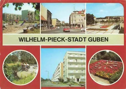 AK / Ansichtskarte 73985179 Guben Teilansichten Wilhelm-Pieck-Stadt Blumenuhr Kinderspielplatz Stadtpark Leninallee