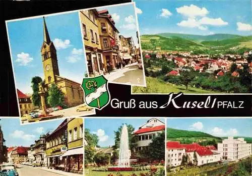 AK / Ansichtskarte 73985605 Kusel Ev Kirche mit Hutmacherbrunnen Trierer Strasse Bahnhofstrasse Rosengarten Ev Krankenhaus