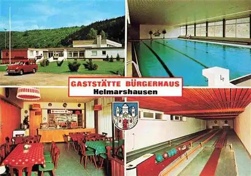 AK / Ansichtskarte 73986338 Helmarshausen Gaststaette Buergerhaus Gastraum Hallenbad Kegelbahn