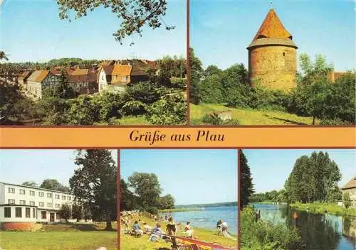 AK / Ansichtskarte 73987664 Plau_Mecklenburg Teilansicht Burgturm Kinderheim Olga Benario Prestes Plauer See Partie an der Elde