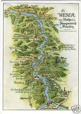 AK, Die Weser von Vlotho bis Hann. Münden, Landkartenansicht, um 1964