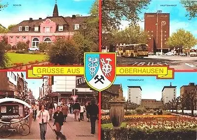 AK, Oberhausen, 4 Abb., u.a. Hauptbahnhof, mit Wappen, um 1984