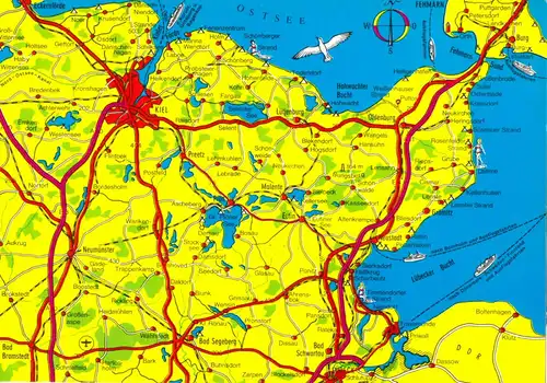 AK, Landkarte auf AK, Gebiet zwischen Kiel und Lübeck, um 1980