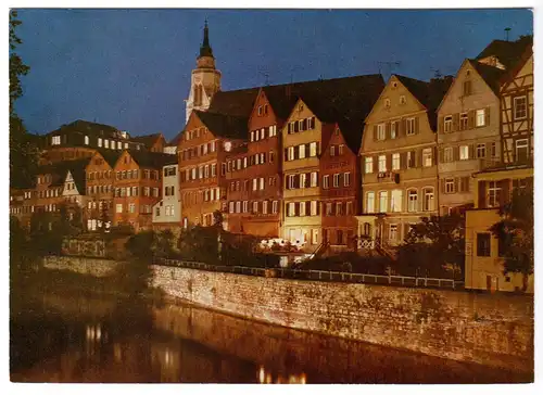 AK, Tübingen, Neckarfront und Stiftskirche, Nachtansicht, um 1976