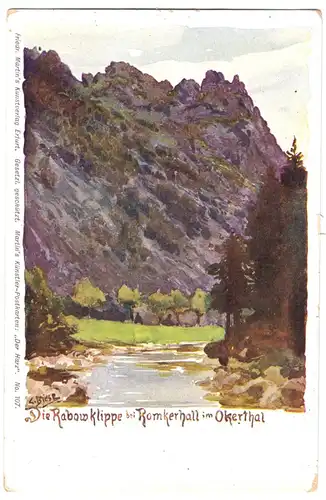 AK, Romkerhall im Okerthal Harz, Die Rabowklippe, Künstlerkarte, um 1903