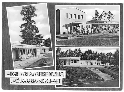 AK, Klink Kr. Waren Müritz, FDGB-Urlaubersiedlung, drei Abb., gestaltet, 1967