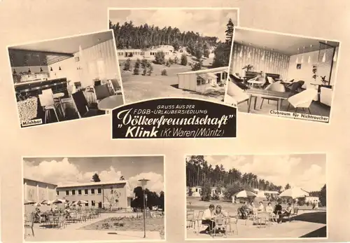 AK, Klink Kr. Waren Müritz, FDGB-Urlaubersiedlung, fünf Abb., gestaltet, 1964