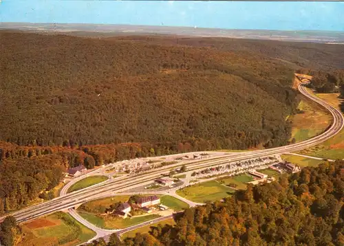 AK, Rohrbrunn über Aschaffenburg, Autobahn-Rasthaus im Spessart, Luftbild, 1967